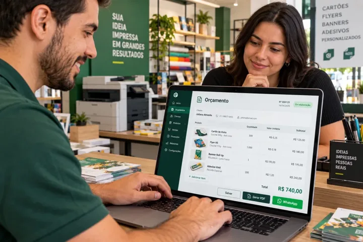 Atendente apresenta um orçamento no computador para uma cliente em uma gráfica